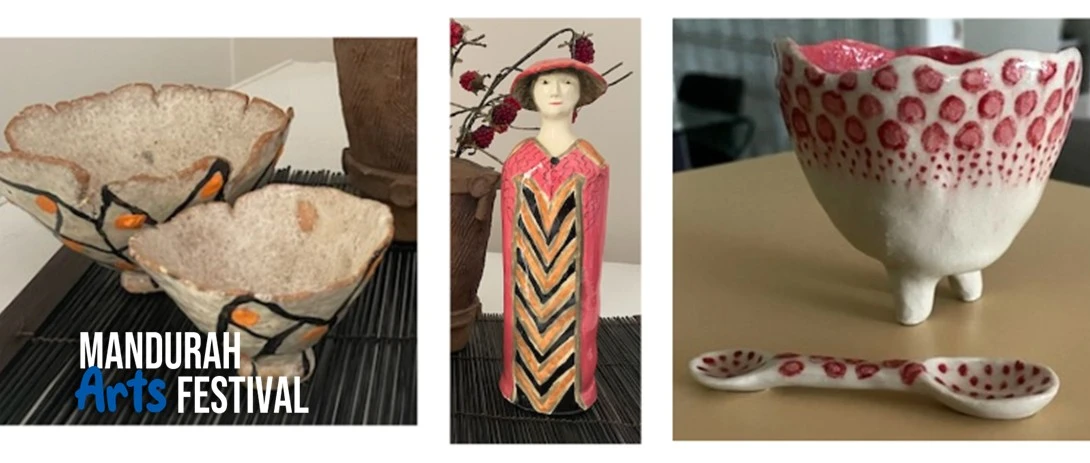 three ceramic pieces form a collage - a beige set of bowls with black and orange lines, a figurine of a woman in pink, and a white sugar bowl and spoon with pink details